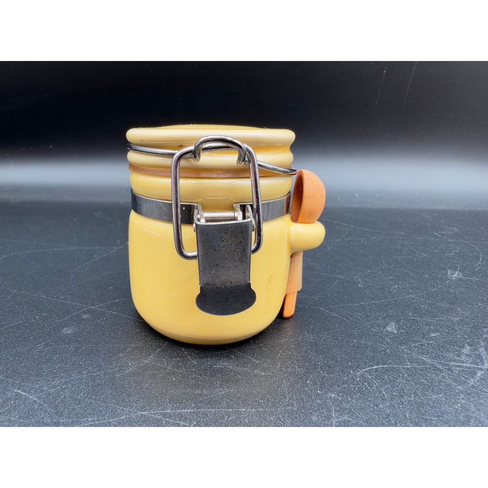 Yellow Ceramic Mini Spice Jar Airtight Hinge Lid Wooden Spoon Kitchen Canister